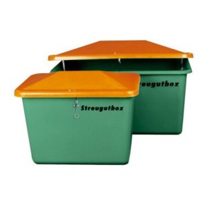 CEMO Streugutbehälter V mit Vandalismusdeckel 550 Liter mit Entnahme grün/orange