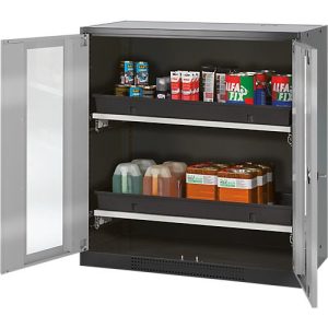 Chemikalienschrank Asecos CS-CLASSIC-G, Flügeltür m. Glasauschnitt, 2 Auszugswannen, 1055x520x1105 mm, silber