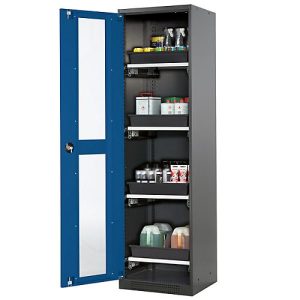 Chemikalienschrank Asecos CS-CLASSIC-G, Flügeltür und Glasausschnitt, 4 Auszüge, H 1950 mm, enzianblau