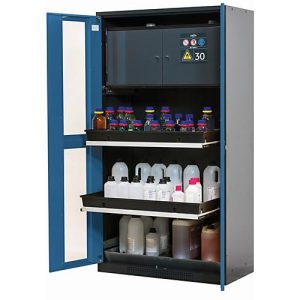 Chemikalienschrank asecos CS-CLASSIC-GF, Flügeltüren mit Glasausschnitt, Front Enzianblau, B 1055 x T 520 x H 1950 mm Chemikalienschrank asecos CS-CLASSIC-GF, Flügeltüren mit Glasausschnitt, Front Enzianblau, B 1055 x T 520 x H 1950 mm