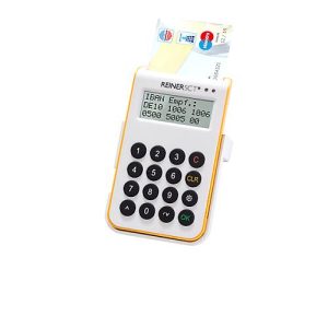Chipkartenleser REINER SCT cyberJack® one, Sicherheitsklasse 3, SECODER-Funktion, TAN Generator, USB 2.0, USB-Kabel, B 68 x T 12 x H 114 mm, weiß-gelb