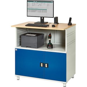 Computer-Station Typ 1023, Arbeitsplatte, Unterschrank, bis 200 kg, B 1100 x T 790 x H 1130 mm, Stahl/Holz, stationär Computer-Station Typ 1023, Arbeitsplatte, Unterschrank, bis 200 kg, B 1100 x T 790 x H 1130 mm, Stahl/Holz, stationär