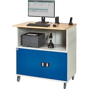 Computer-Station Typ 1023, Arbeitsplatte, Unterschrank, bis 200 kg, B 1100 x T 790 x H 1180 mm, Stahl/Holz, mobil