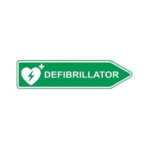Defibrillator-AED-Standort-Straßenschild, Pfeilform, rechtsweisend, nachtleuchtend, wetterfest, Dibond-Druck, L 600 x H 150 mm, grün-weiß