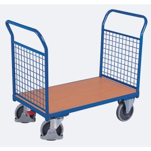 Doppel-Stirnwandwagen, Stahl/MDF-Platte, Enzianblau/Buche-Dekor, L 1000 x B 700 mm, Stirnwände aus Drahtgitter, TPE-Rollen mit EasySTOP, bis 500 kg