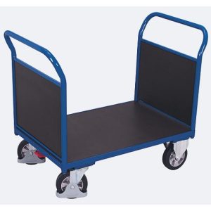 Doppel-Stirnwandwagen, Stahl/Siebdruckplatte, Enzianblau/Dunkelbraun, L 1195 x B 800 mm, Sperrholz-Stirnwände, Vollgummi-Rollen mit EasySTOP, 1000 kg Doppel-Stirnwandwagen, Stahl/Siebdruckplatte, Enzianblau/Dunkelbraun, L 1195 x B 800 mm, Sperrholz-Stirnwände, Vollgummi-Rollen mit EasySTOP, 1000 kg