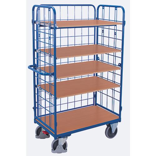 Drahtgitter-Etagenwagen, Stahl/MDF-Platte, Enzianblau/Buche-Dekor, 1 Etage, 1000 x 600 mm, einhängbare Längswand, EasySTOP, bis 500 kg