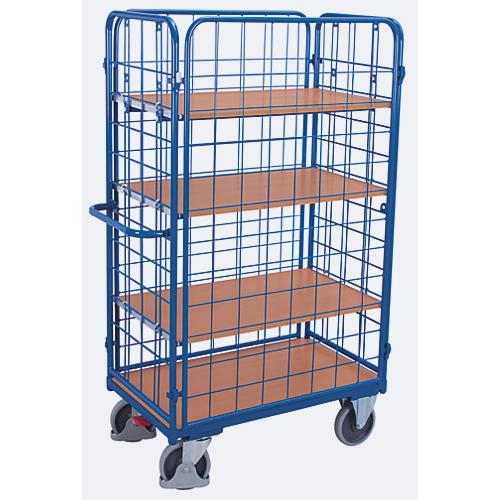 Drahtgitter-Etagenwagen, Stahl/MDF-Platte, Enzianblau/Buche-Dekor, 1 Etage, 850 x 500 mm, einhängbare Längswände, EasySTOP, bis 400 kg