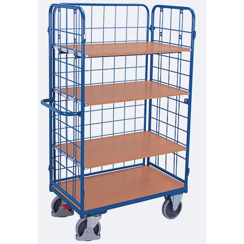 Drahtgitter-Etagenwagen, Stahl/MDF-Platte, Enzianblau/Buche-Dekor, 1 Etage, 850 x 500 mm, einhängbare Längswand, EasySTOP, bis 400 kg