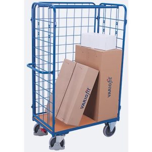 Dreiwandwagen, Stahl/MDF-Platte, Enzianblau/Buche-Dekor, L 850 x B 500 mm, Nutzhöhe 1525 mm, einhängbare Längswand, EasySTOP, bis 400 kg Dreiwandwagen, Stahl/MDF-Platte, Enzianblau/Buche-Dekor, L 850 x B 500 mm, Nutzhöhe 1525 mm, einhängbare Längswand, EasySTOP, bis 400 kg