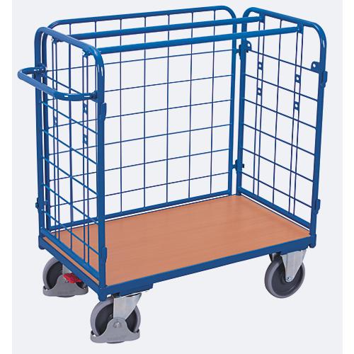 Dreiwandwagen, Stahl/MDF-Platte, Enzianblau/Buche-Dekor, L 850 x B 500 mm, Nutzhöhe 925 mm, einhängbare Längswand, EasySTOP, bis 400 kg