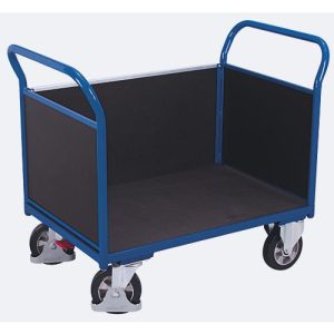 Dreiwandwagen, Stahl/Siebdruckplatte, Enzianblau/Dunkelbraun, L 995 x B 665 mm, herausnehmbare Längswand, Vollgummi-Rollen mit EasySTOP, bis 1000 kg