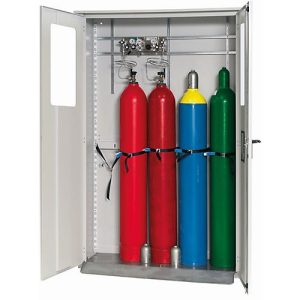Druckgasflaschenschrank G-OD Standard, Doppelflügeltür, fester Glasausschnitt, 5x 50 l Flaschen, B 1356 x T 400 x H 2149 mm Druckgasflaschenschrank G-OD Standard, Doppelflügeltür, fester Glasausschnitt, 5x 50 l Flaschen, B 1356 x T 400 x H 2149 mm