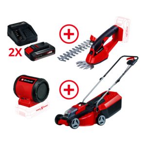 Einhell Akku-Rasenmäher + Akku-Gras- und Strauchschere + 2x 2,5 Ah Starter-Kit + Akku-Lautsprecher Einhell Akku-Rasenmäher + Akku-Gras- und Strauchschere + 2x 2,5 Ah Starter-Kit + Akku-Lautsprecher