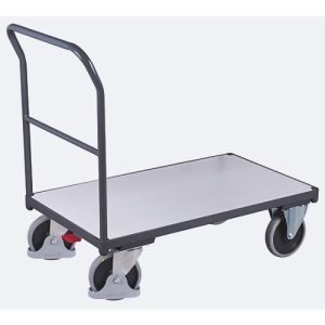 ESD Schiebebügelwagen, Stahl/Spanplatte, Graphitgrau/Lichtgrau, L 1030 x B 600 mm, mit Querstrebe, TPE-Rollen mit EasySTOP, bis 500 kg