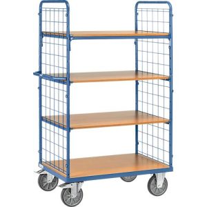 Etagenwagen, 4 Holz-Böden, bis 600 kg, 2-seitige Gitterwände, 1000 x 700 mm, blau Etagenwagen, 4 Holz-Böden, bis 600 kg, 2-seitige Gitterwände, 1000 x 700 mm, blau