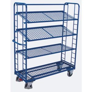 Etagenwagen, Stahl/Drahtgitter, Enzianblau, 4 Etagen, 1650 x 650 mm, Stirnwände mit Rundstahlverstrebung, EasySTOP, bis 400 kg