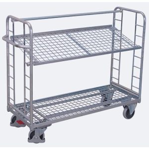 Etagenwagen, Stahl/Drahtgitter, silber, 2 Etagen, 1355 x 550 mm, 2 Stirnwände mit Rundstahlverstrebung, EasySTOP, bis 250 kg Etagenwagen, Stahl/Drahtgitter, silber, 2 Etagen, 1355 x 550 mm, 2 Stirnwände mit Rundstahlverstrebung, EasySTOP, bis 250 kg