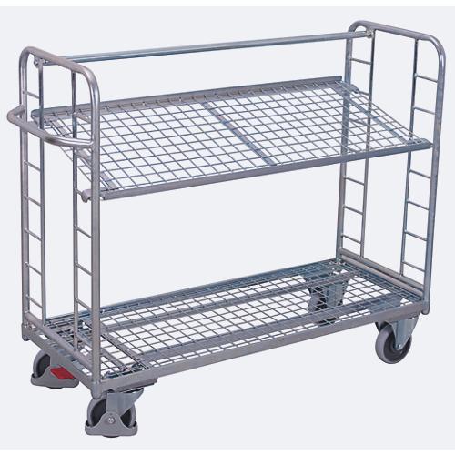 Etagenwagen, Stahl/Drahtgitter, silber, 2 Etagen, 1355 x 550 mm, 2 Stirnwände mit Rundstahlverstrebung, EasySTOP, bis 250 kg
