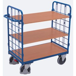 Etagenwagen, Stahl/MDF-Platte, Enzianblau/Buche-Dekor, 3 Etagen, 1000 x 700 mm, Stirnwände aus Drahtgitter, EasySTOP, bis 500 kg Etagenwagen, Stahl/MDF-Platte, Enzianblau/Buche-Dekor, 3 Etagen, 1000 x 700 mm, Stirnwände aus Drahtgitter, EasySTOP, bis 500 kg