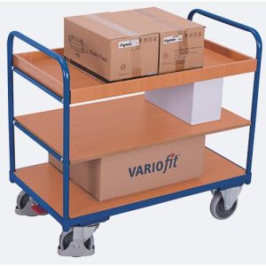 Etagenwagen, Stahl/MDF-Platte, Enzianblau/Buche-Dekor, 3 Etagen, 850 x 500 mm, EasySTOP, bis 250 kg