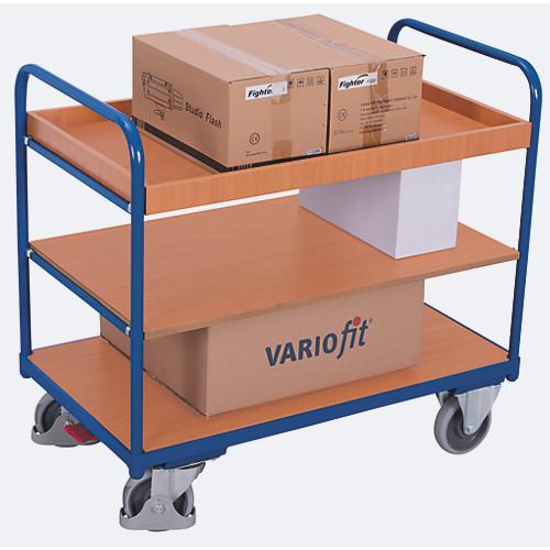 Etagenwagen, Stahl/MDF-Platte, Enzianblau/Buche-Dekor, 3 Etagen, 850 x 500 mm, EasySTOP, bis 250 kg