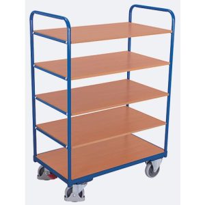 Etagenwagen, Stahl/MDF-Platte, Enzianblau/Buche-Dekor, 5 Etagen, 850 x 500 mm, EasySTOP, bis 250 kg