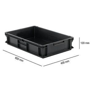 Euro Box SSI Schäfer EF 6120, 23,2 l, Traglast bis 20 kg, Euronorm, stapelbar, Unterfassgriff, L 600 x B 400 x H 120 mm, leitfähiges PP, schwarz Euro Box SSI Schäfer EF 6120, 23,2 l, Traglast bis 20 kg, Euronorm, stapelbar, Unterfassgriff, L 600 x B 400 x H 120 mm, leitfähiges PP, schwarz
