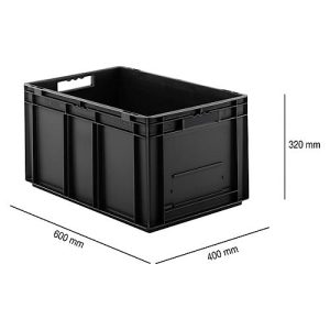 Euro Box SSI Schäfer EF 6320, 63,7 l, Traglast bis 20 kg, Euronorm, stapelbar, Durchfassgriff, L 600 x B 400 x H 320 mm, leitfähiges PP, schwarz
