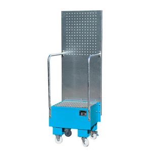 Fahrbare Auffangwanne mit Lochplattenwand, aus Stahl, Kapazität 1 x 60-Liter Fass, blau