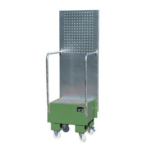Fahrbare Auffangwanne mit Lochplattenwand, aus Stahl, Kapazität 1 x 60-Liter Fass, grün Fahrbare Auffangwanne mit Lochplattenwand, aus Stahl, Kapazität 1 x 60-Liter Fass, grün