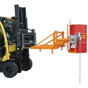 Fasskipper Bauer Typ FD/L, für 110 bis 220 l Fässer, 360 kg, 270° Kippen, mit Endloskette, Stapleraufnahme, gelborange RAL 2000
