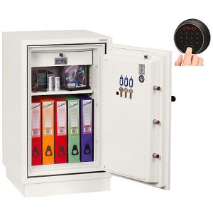 Feuerschutzschrank FS 0442, Fingerprintschloss, B 520 x T 520 x H 820 mm, Stahl, signalweiß RAL 9003