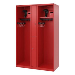 Feuerwehrspind C+P Evolo Maxi, 4 Abteile für 2 Personen, mit Helmhalter, Bodengleiter, B 1200 x T 500 x H 1850 mm, RAL 3000 Feuerrot