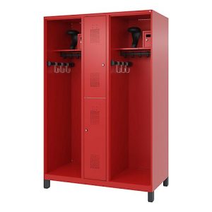 Feuerwehrspind C+P Evolo Maxi, 4 Abteile für 2 Personen, mit Helmhalter, mit Füßen, B 1300 x T 600 x H 1950 mm, RAL 3000 Feuerrot/RAL 7021 Schwarzgrau