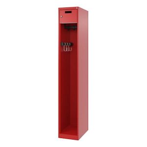 Feuerwehrspind C+P Evolo PRAKTUS, 1 Abteil, mit Sockel, Bodengleiter, B 300 x T 500 x H 1850 mm, RAL 3000 Feuerrot