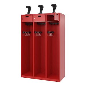 Feuerwehrspind C+P Evolo PRAKTUS, 3 Abteile, Helmhalter, mit Sockel, Bodengleiter, B 1200 x T 500 x H 1850 mm, RAL 3000 Feuerrot