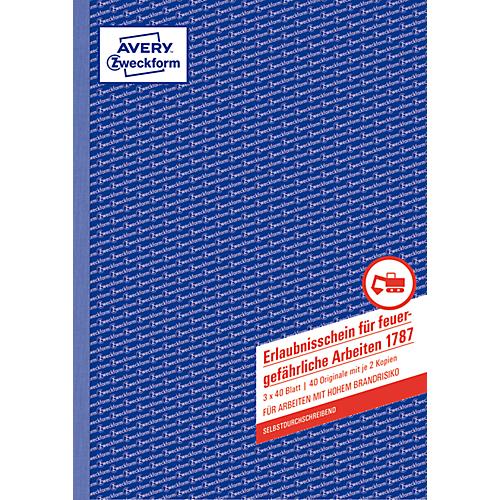 Formularbuch Avery® Zweckform Erlaubnisschein für feuergefährliche Arbeiten 1787, A4, selbstdurchschreibend, mit Durchschlägen & Lochung, 3 x 40 Blatt