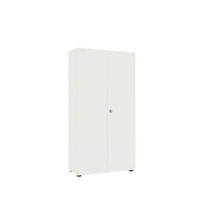 Garderobenschrank, 5 OH, 4 Fachböden, Mitteltrennwand & Kleiderstange, abschließbar, ohne Akustikfront, B 800 x T 450 x H 1930 mm, Spanplatte, weiß