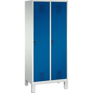 Garderobenspind Evolo S 3000, Stahl, m. Füßen, 2 Abteile m. jew. B 400 mm, Sicherheitsdrehriegelverschluss, lichtgrau RAL 7035/enzianblau RAL 5010 Garderobenspind Evolo S 3000, Stahl, m. Füßen, 2 Abteile m. jew. B 400 mm, Sicherheitsdrehriegelverschluss, lichtgrau RAL 7035/enzianblau RAL 5010