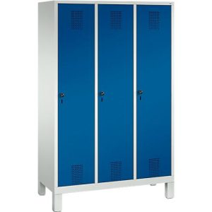 Garderobenspind Evolo S 3000, Stahl, m. Füßen, 3 Abteile, Sicherheitsdrehriegelverschluss, lichtgrau RAL 7035/enzianblau RAL 5010
