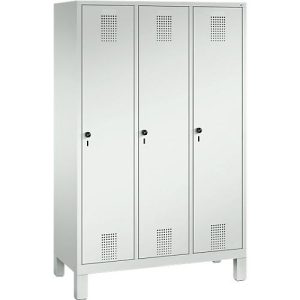Garderobenspind Evolo S 3000, Stahl, m. Füßen, 3 Abteile, Sicherheitsdrehriegelverschluss, lichtgrau RAL 7035/lichtgrau RAL 7035