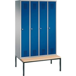 Garderobenspind Evolo S 3000, Stahl, m. untergeb. Sitzbank, 4 Abteile m. jew. B 300 mm, Zylinderschloss, weißaluminium RAL 9006/enzianblau RAL 5010