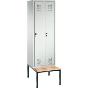 Garderobenspind Evolo S 3000, Stahl, m. untergebauter Sitzbank, 2 Abteile m. jew. B 300 mm, Sicherheitsdrehriegelverschluss, lichtgrau RAL 7035/lichtgrau RAL 7035