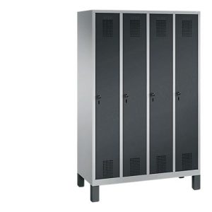 Garderobenspind Evolo S 3000, Stahl, mit Füßen, 4 Abteile mit jeweils B 300 mm, Drehriegel, weißaluminium RAL 9006/anthrazit RAL 7016