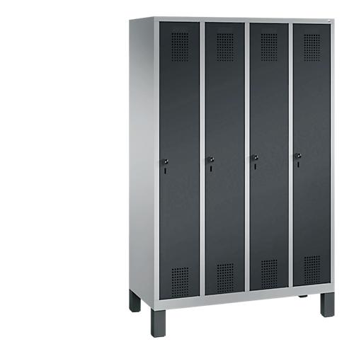Garderobenspind Evolo S 3000, Stahl, mit Füßen, 4 Abteile mit jeweils B 300 mm, Drehriegel, weißaluminium RAL 9006/anthrazit RAL 7016