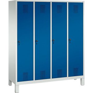 Garderobenspind Evolo S 3000, Stahl, mit Füßen, 4 Abteile mit jeweils B 400 mm, Drehriegel, lichtgrau RAL 7035/enzianblau RAL 5010