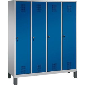 Garderobenspind Evolo S 3000, Stahl, mit Füßen, 4 Abteile mit jeweils B 400 mm, Drehriegel, weißaluminium RAL 9006/enzianblau RAL 5010