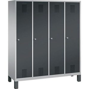 Garderobenspind Evolo S 3000, Stahl, mit Füßen, 4 Abteile mit jeweils B 400 mm, Zylinderschloss, weißaluminium RAL 9006/anthrazit RAL 7016