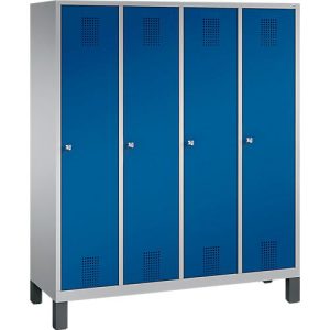 Garderobenspind Evolo S 3000, Stahl, mit Füßen, 4 Abteile mit jeweils B 400 mm, Zylinderschloss, weißaluminium RAL 9006/enzianblau RAL 5010